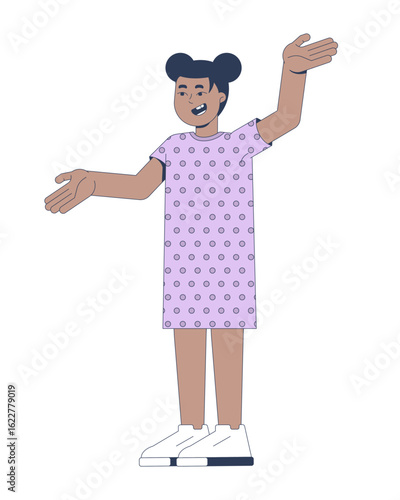 Happy black girl with two space buns and open arms 2D cartoon character. African american female child in polka-dot dress and sneakers flat vector person isolated on white. Spot illustration colorful