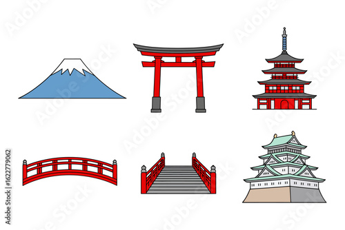 Japan architecture icon pack, bridge castle pagoda, landmark sticker set, unique vector illustration for travel decor