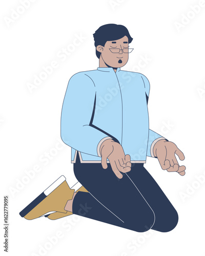 Glasses arab man meditating in prayer 2D cartoon character. Middle eastern male believer kneeling with closed eyes and open palms flat vector person isolated on white. Spot illustration colorful