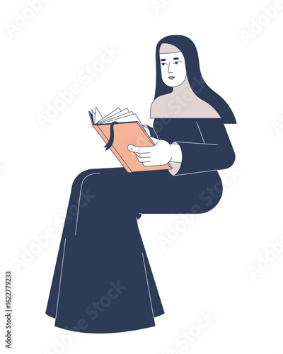 Catholic nun reading holy book attentively 2D cartoon character. Devotion, spiritual learning. Devout sister pious woman with Bible flat vector person isolated on white. Spot illustration colorful