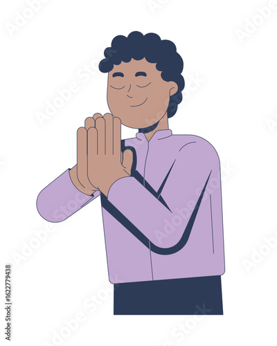 Peaceful black boy praying with closed eyes 2D cartoon character. African american male kid prayer hands clasped. Devout believer flat vector person isolated on white. Spot illustration colorful