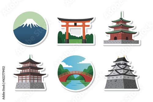 Japan travel icon pack, castle pagoda torii mountain, sightseeing sticker collection, creative vector illustration for adventure