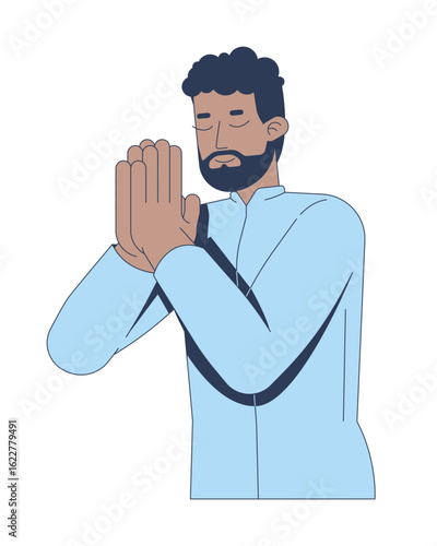 Bearded black man in prayer with closed eyes 2D cartoon character. Religious devotion. African american male praying hands clasped flat vector person isolated on white. Spot illustration colorful