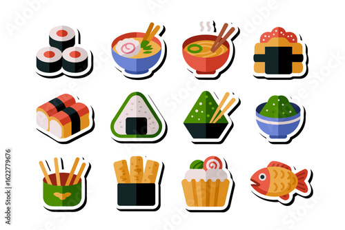 Japanese cuisine icon collection, sushi ramen onigiri dessert, food sticker set, unique vector illustration for culinary art