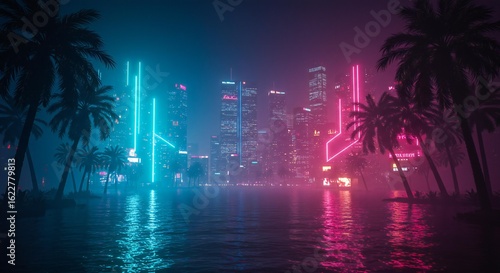 Cyberpunk Cityscape with Neon Lights and Palm Trees at Night