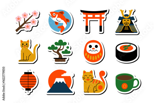 Japan culture icon set, cherry blossom torii daruma maneki neko, tradition sticker collection, unique vector illustration