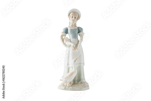 Vintage porcelain period figure of a country girl holding a white goose with standing goose   isolated on white background