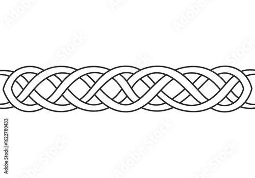 Celtic braid drawing. It is a black and white outline of a Celtic braid or knot pattern, an intricate and endless interwoven design. Vector sketch line art draw.