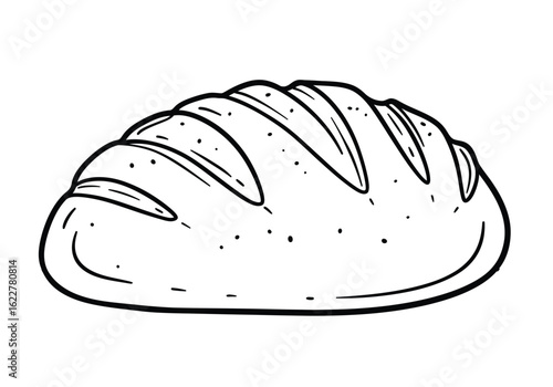 Bread loaf drawing. It is a black and white outline of a loaf of bread or baked good, showing slashes on its crust. Vector sketch line art draw.