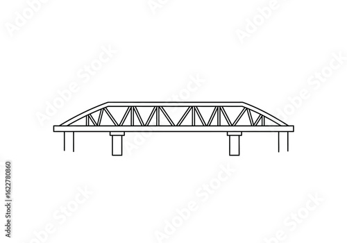 Bridge drawing. It is a black and white outline of a truss bridge or architectural structure, showcasing its sturdy design with triangular elements. Vector sketch line art draw.