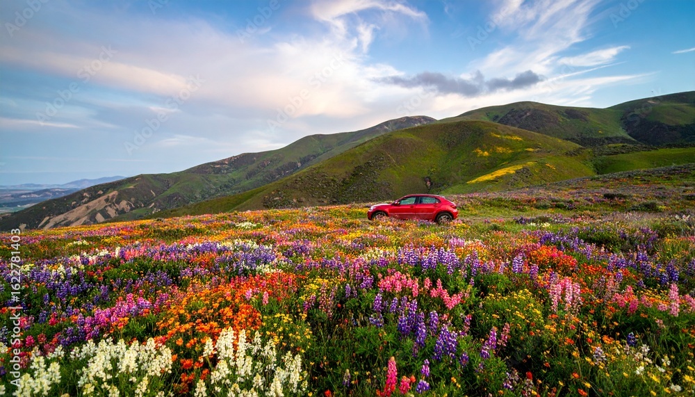 Obraz premium Scenic travel scene with red car in the middle of a spring flower meadow, cinematic view with soft focus flowers and expansive sky