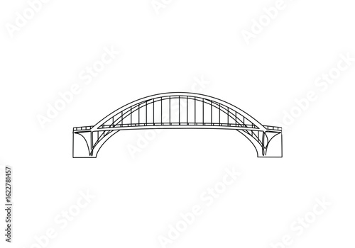 Arch bridge drawing. It is a black and white outline of an arch bridge or architectural structure, showcasing its curved design. Vector sketch line art draw.