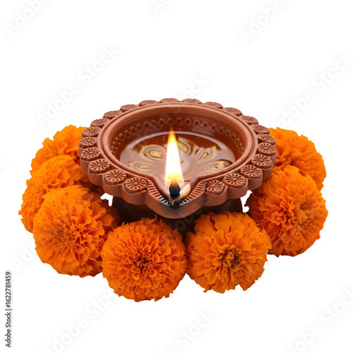 Illuminating diya surrounded by vibrant marigold flowers, evoking warmth, tradition, and festive celebration for cultural events