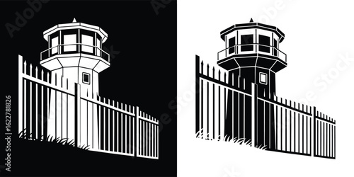 A graphic illustration of a prison guard tower with a fence, presented in both black and white, and white and black versions for versatile design use