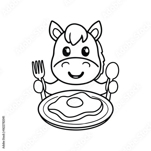Horse enjoying an omelette with cutlery on a plate