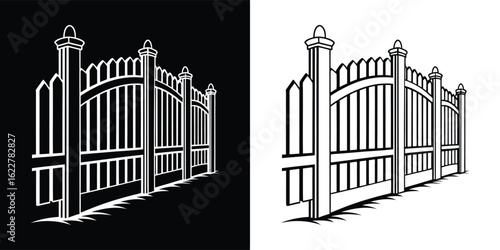 Ornate wrought iron gate with decorative posts and finials, providing access to a property, isolated on white background