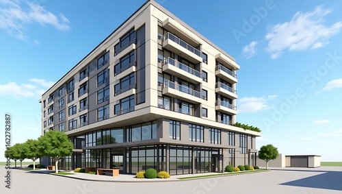 Modern Apartment Building Exterior with Balconies and Street Level Retail Space Under a Sunny Blue Sky Architecture Design