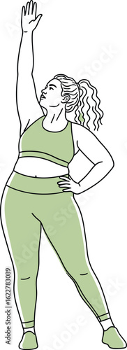 Illustration of a woman performing a yoga or stretching exercise, highlighting body positivity.