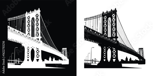 Iconic manhattan bridge silhouette in black and white, a famous new york city landmark spanning the east river, symbolizing connection and urban architecture
