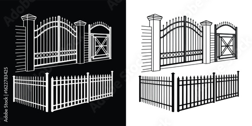 Ornate wrought iron gate and fence, a classic metal entryway for a private estate, offering security and decorative appeal