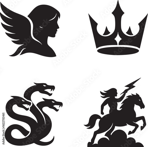 Black silhouette icons of an angelic head crown hydra and warrior on horseback with lightning