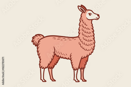 Cartoon Pink Llama Illustration with Detailed Fur and Long Neck on Beige Background