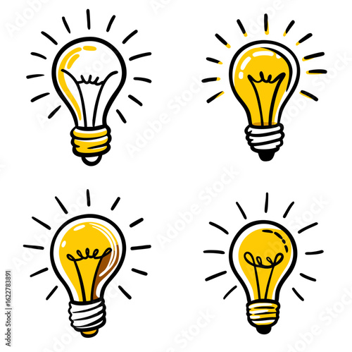 Hand-Drawn Lightbulb Doodle Icons, Idea and Creativity Vector Outlines