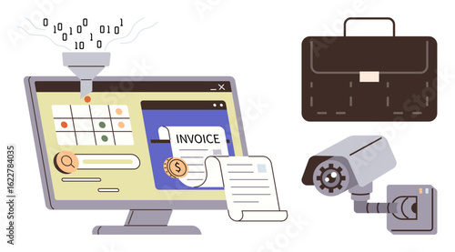 Computer screen displaying data funneling, invoice management, and calendar with surveillance camera and briefcase. Ideal for finance, automation, cybersecurity, management, productivity, analytics