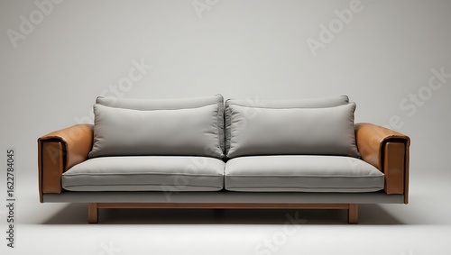 Modern Two Seater Sofa with Gray Cushions and Brown Leather Armrests for Living Room Decor and Interior Design Photography