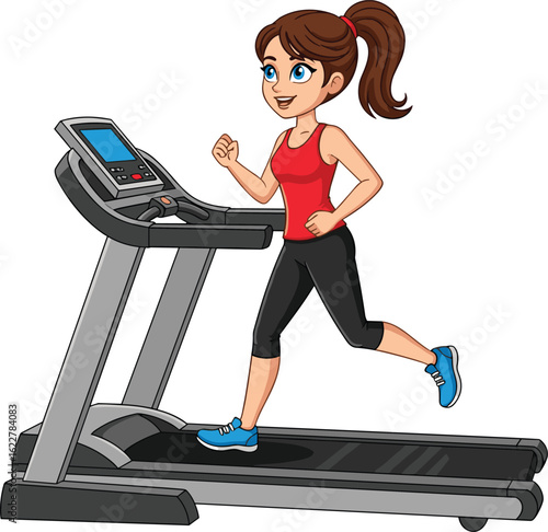 Smiling cartoon woman running on treadmill, fitness exercise indoors, healthy lifestyle workout, gym activity, athletic girl in red top