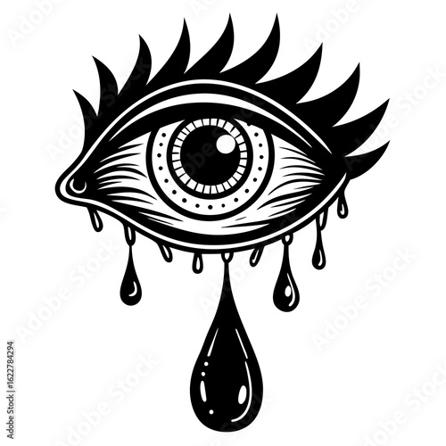 Stylized Black and White Crying Eye Illustration.
