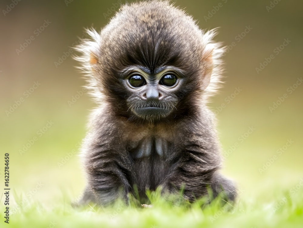 Fototapeta premium Adorable Baby Monkey in Green Grass Closeup Photo