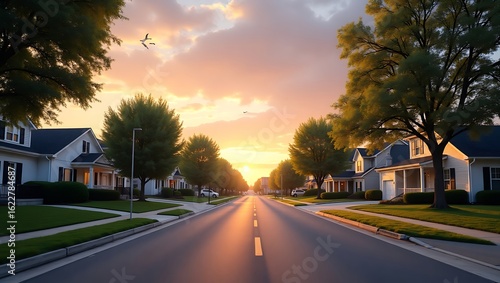 Golden Sunset Shining on Peaceful Suburban Street with Houses and Lush Green Trees Inspiring Tranquility and Community