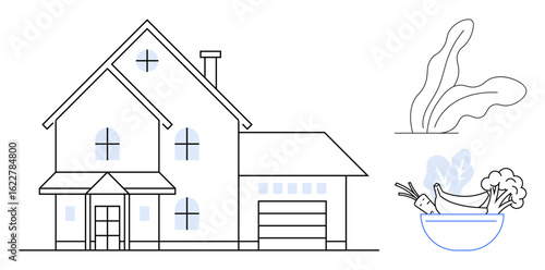 Residential home with windows and garage, leafy greens, and vegetable bowl. Ideal for sustainability, eco-lifestyle, gardening, homeownership, organic living, minimalism simple flat metaphor
