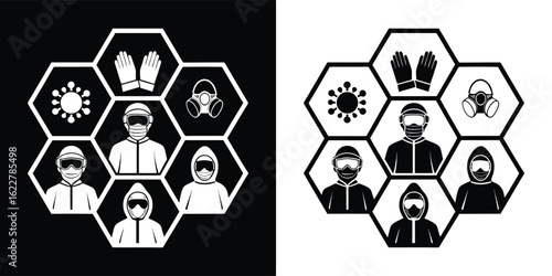 Collection of icons representing virus protection and safety measures, including masks, suits, gloves, and goggles, presented in both black and white versions for versatility