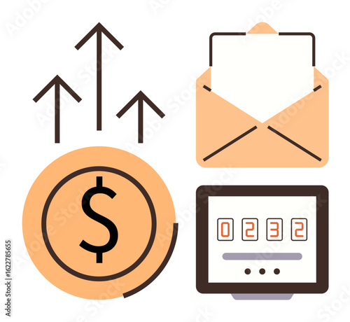 Dollar coin with upward growth arrows, open envelope with mail, and screen displaying numeric data. Ideal for finance, communication, marketing, analytics, investment email campaigns and metrics. A