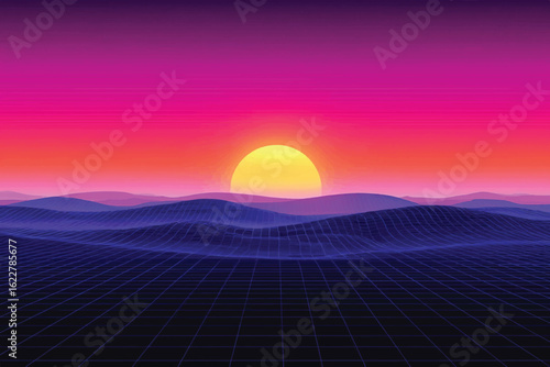 Synthwave Sunset over Grid Textured Virtual Landscape