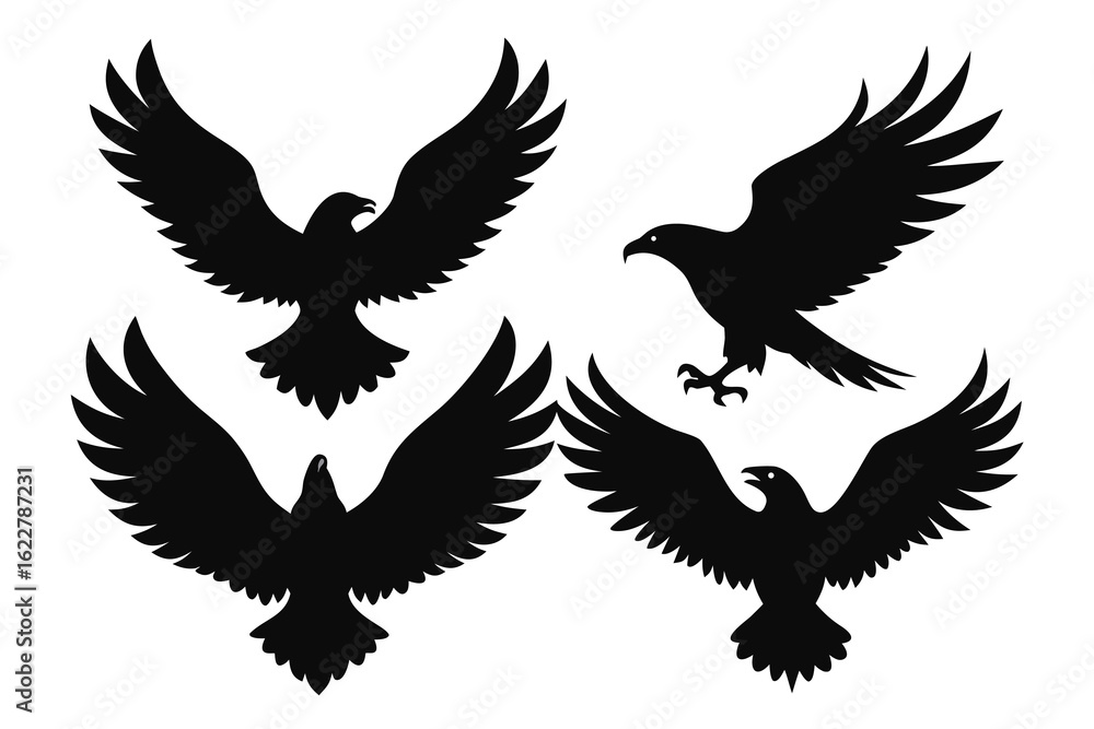 Obraz premium Four Black Eagle Silhouettes in Flight Pictured Against a Clean White Background