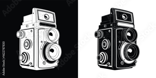 Vintage twin lens reflex camera, a classic photographic equipment for retro photography enthusiasts, captured in a detailed illustration