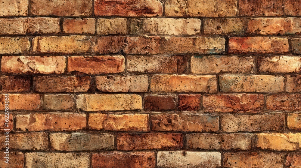 Fototapeta premium Close-up of a textured brick wall with varying colors of brown, orange, and yellow bricks