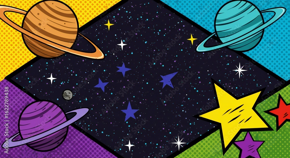 Naklejka premium Colorful Comic Book Space Background with Planets and Stars Retro Universe
