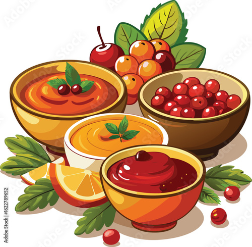 Assortment of delicious sauces and fruits in bowls