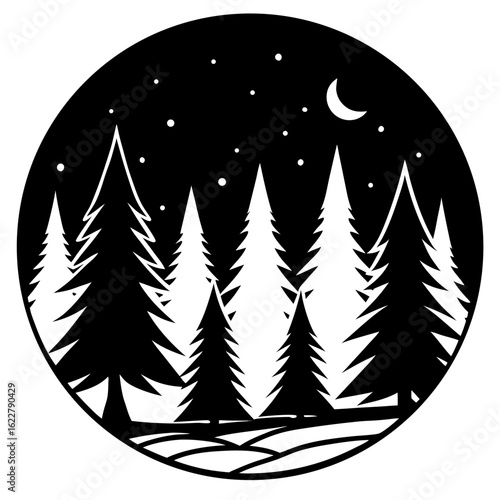 Midnight Forest vector silhouette black design white background 
