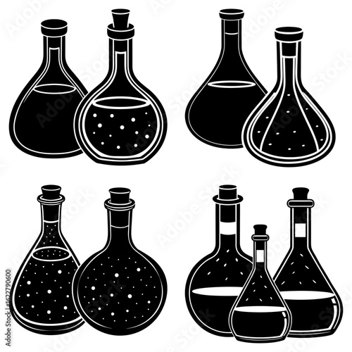 Collection of black and white potion bottles with various shapes and liquid levels displayed together nicely