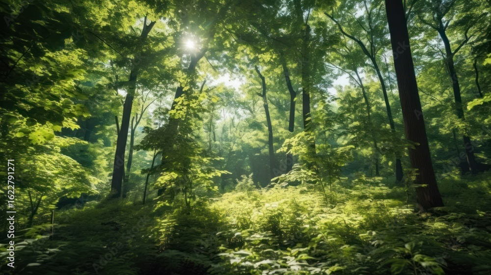 Fototapeta premium Sunlight filters through a beautiful forest path, illuminating the green foliage and trees in the natural woodland environment