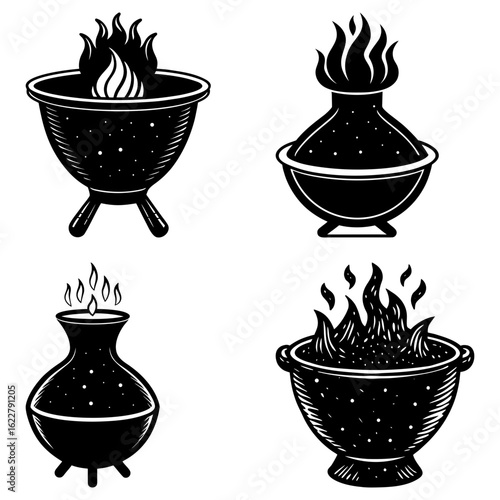 Illustration showing four different fire pits with flames in a black and white engraving style drawing art