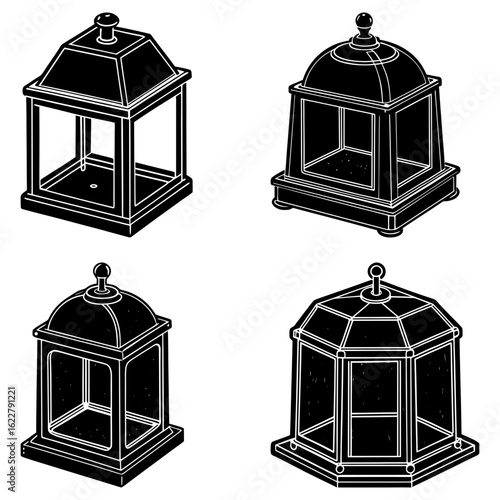 Four different styles of decorative cages with varying shapes and ornate details in black and white style