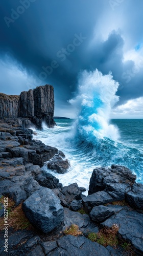 Dramatic ocean wave crashing on rocks