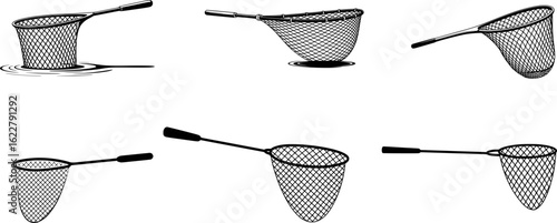 Black and white fishing nets on white background scoop net landing net