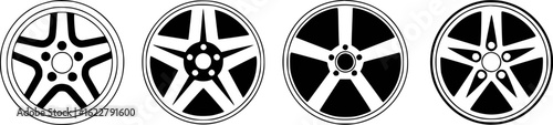 Black and white graphic design of car wheels rims automotive